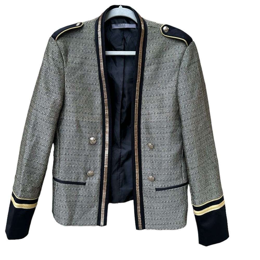 Zara Tweed Military-Style Blazer in Gray, Black & Gold Trim